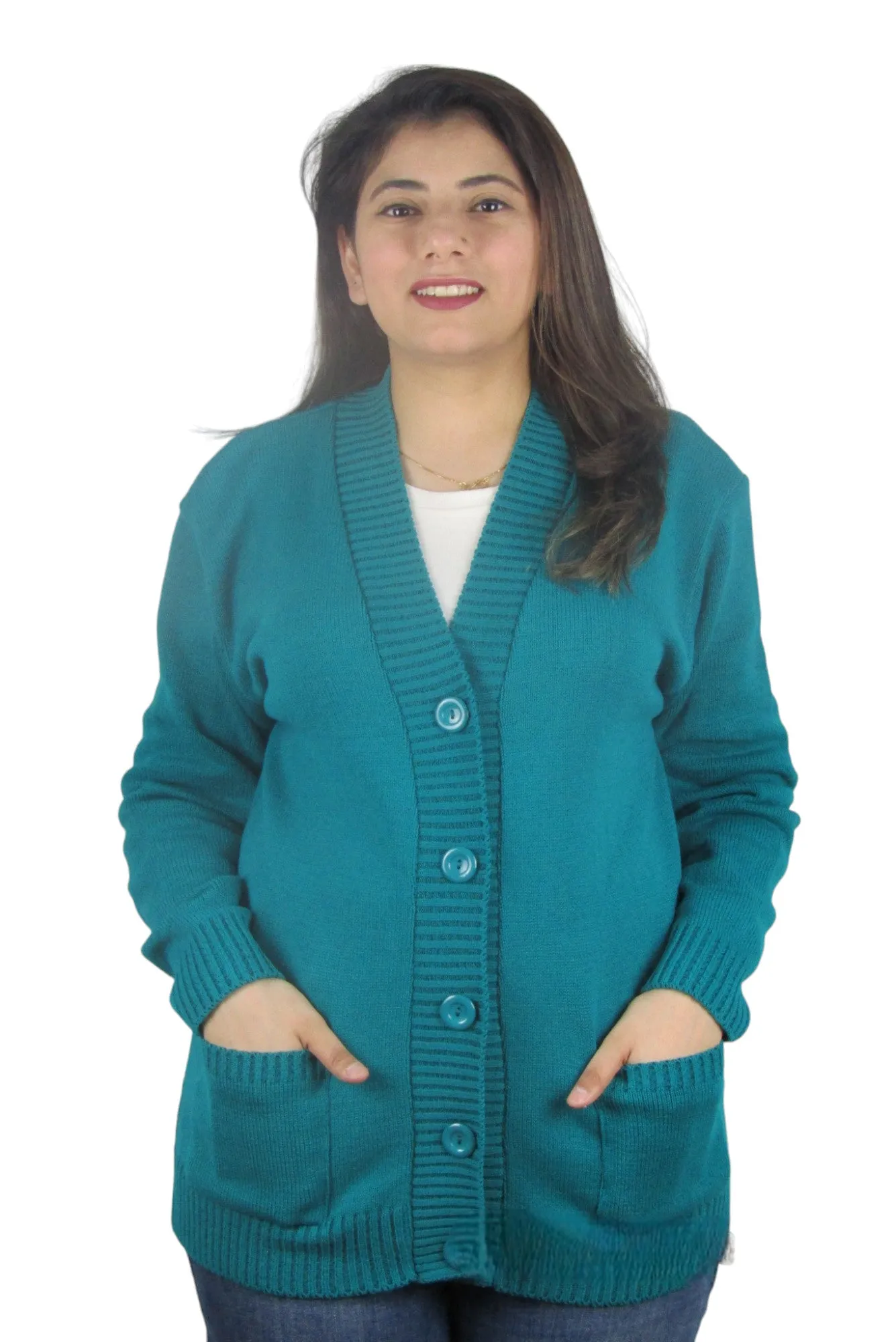 Womens Plain Long Sleeve Open Front Knitted Button Cardigan Pocket Sweater Top