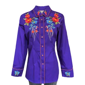 Women's Vintage Floral Bouquet Embroidered Western Shirt in Purple