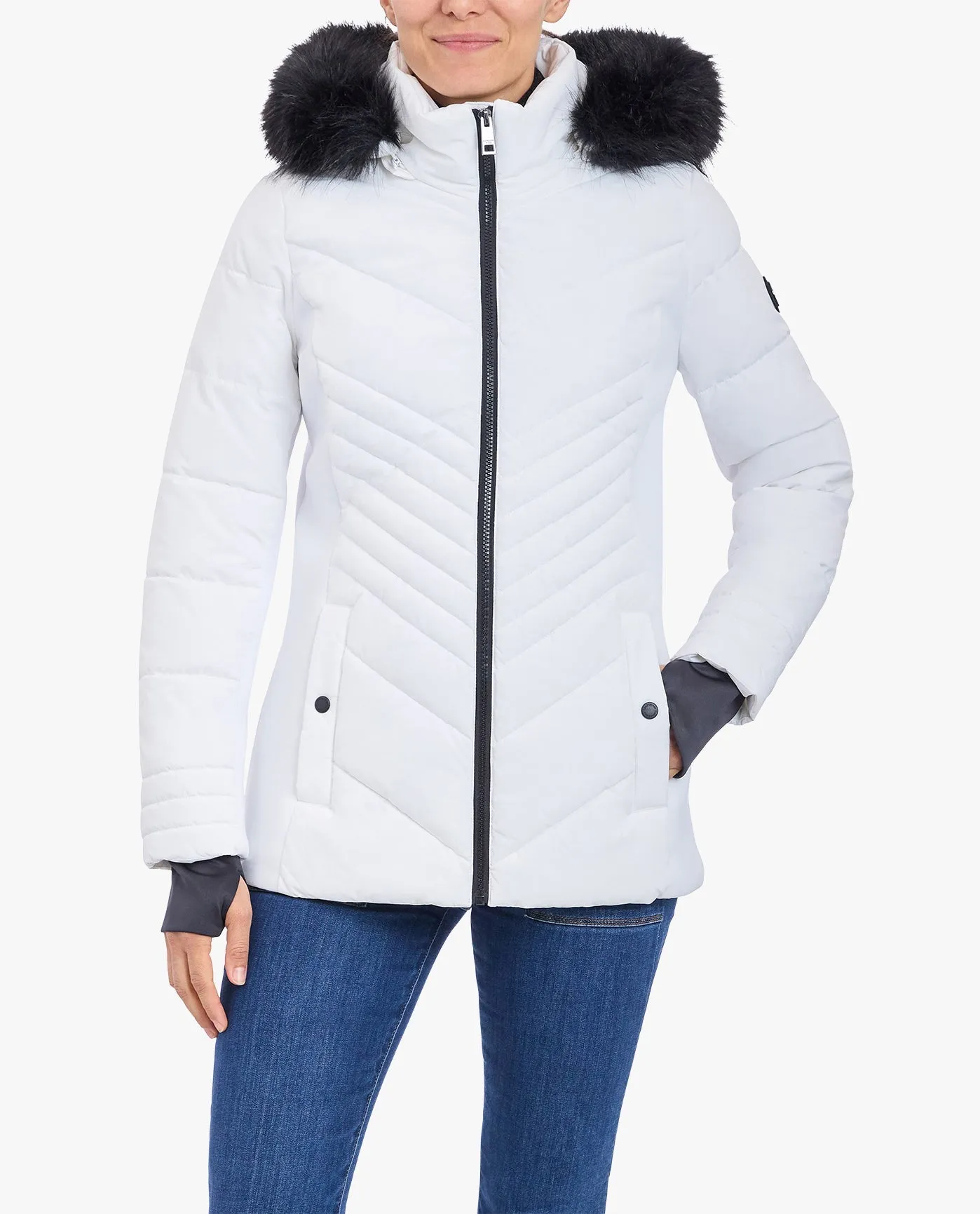 ZIP-FRONT PUFFER JACKET WITH REMOVABLE FAUX FUR TRIMMED HOOD