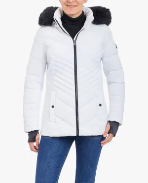 ZIP-FRONT PUFFER JACKET WITH REMOVABLE FAUX FUR TRIMMED HOOD